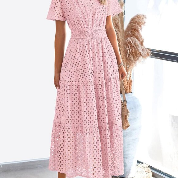 Womens 2025 Summer Maxi Dress Short Sleeve V Neck Hollow Out Eyelet A Line Long - Picture 6 of 7